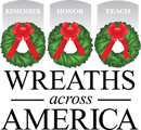 Logo link for Wreaths Across America; three green wreaths with red bows; Reads Wreaths across America; used with permission